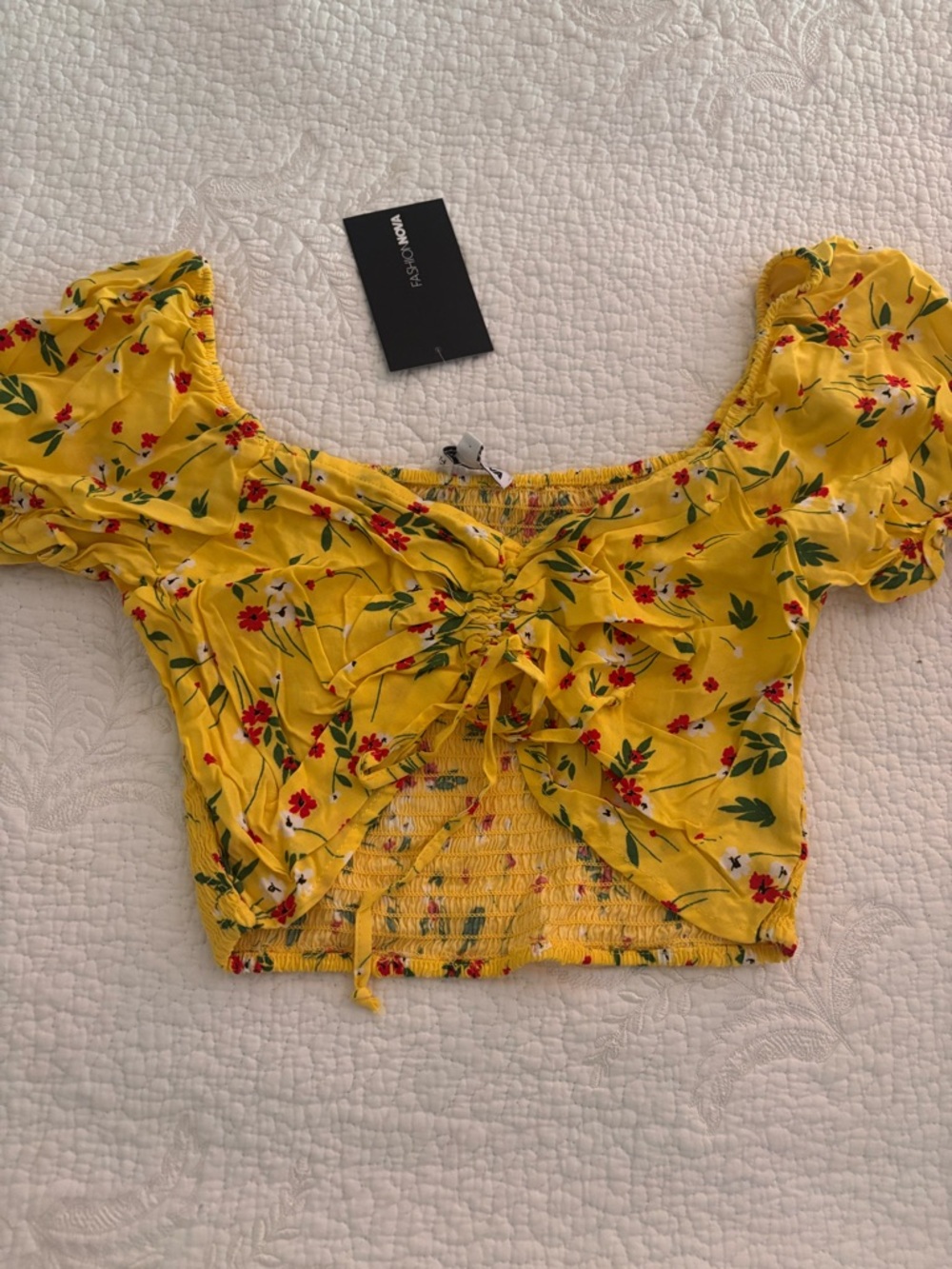 Fashion Nova Yellow Floral Tie-Front Smocked Puff Sleeve Crop Top